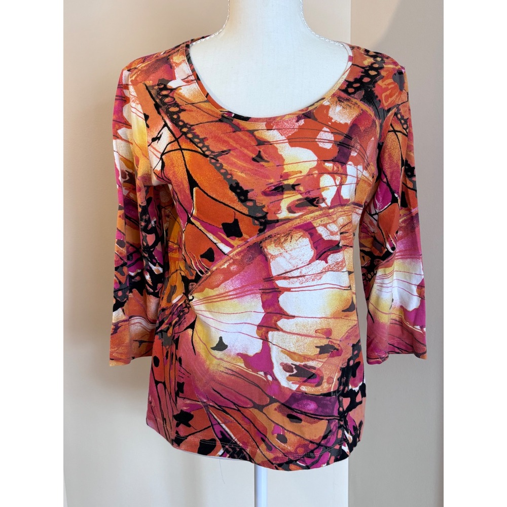 Additions by Chico's Butterfly Print Top Orange Pink Bohemian Summer Size 0‎